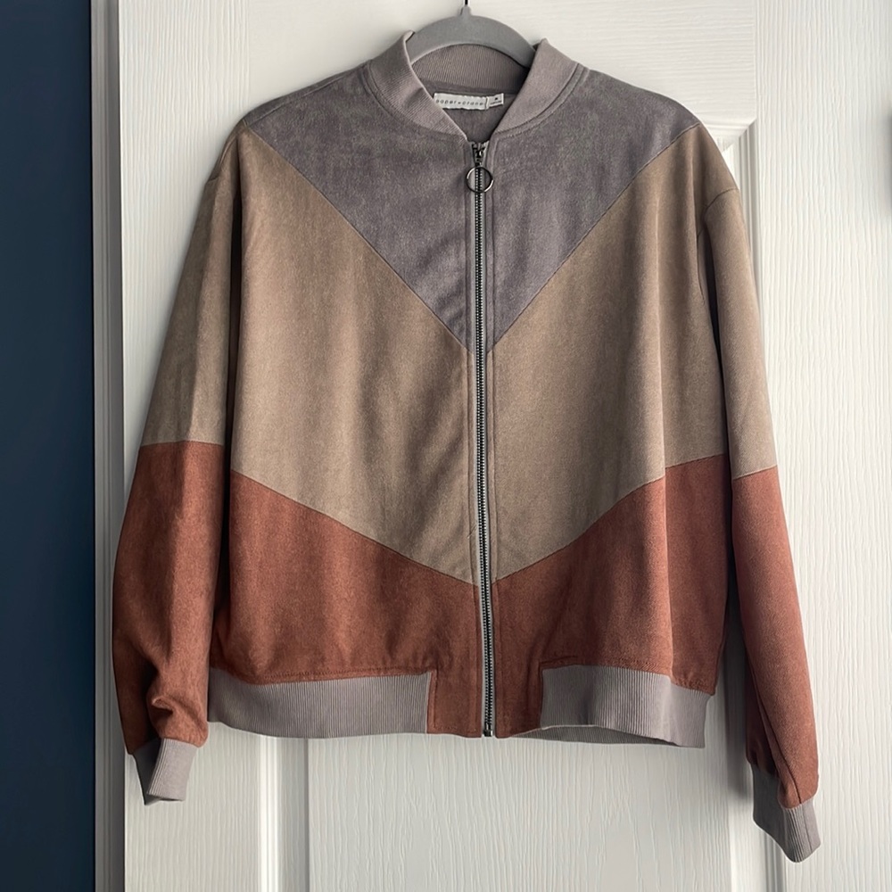 Paper Crane, Medium, chevron grey, taupe and orange, zip-up jacket